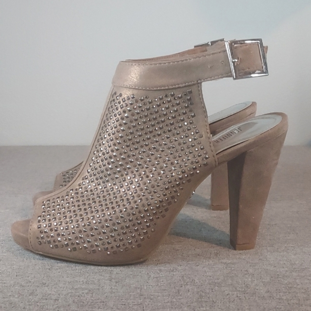 Jennifer Lopez Taupe Studded Open-Toe Block Heels